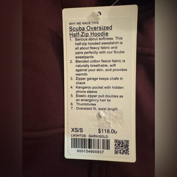 Lululemon Scuba oversized half gold zip hoodie sweater. Garnet.Burgundy. XS/S - Picture 11 of 13